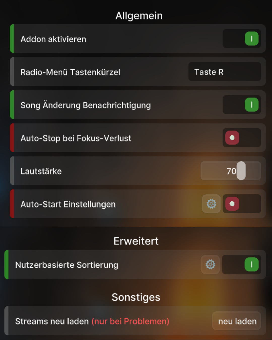 Addon Einstellungen